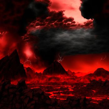 Red mountains, flashes and cracks on the surface. Gloomy sky. Magma and lava spread over the mountains. Lava world collection. High quality illustration