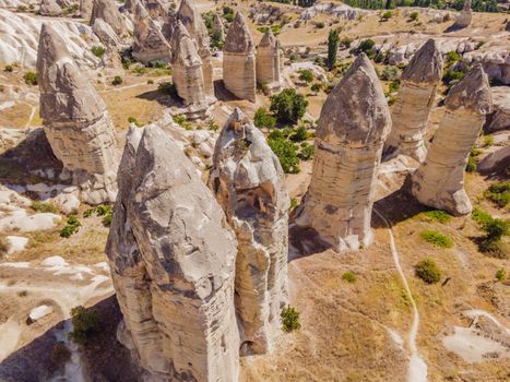 Unique geological formations in Love Valley in Cappadocia, popular travel destination in Turkey.