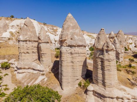 Unique geological formations in Love Valley in Cappadocia, popular travel destination in Turkey.