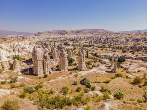 Unique geological formations in Love Valley in Cappadocia, popular travel destination in Turkey.