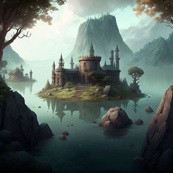 Mystical mysterious ruins on the lake islands. High quality illustration