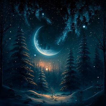 Illustration of a fabulous winter night in the forest. High quality illustration