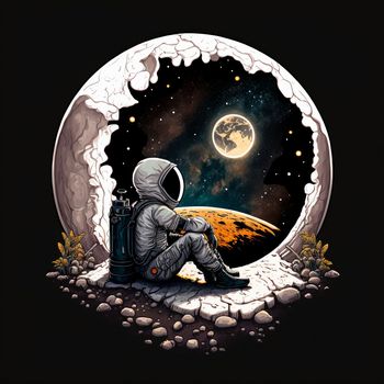 Cartoon image of an astronaut sitting on a moon. High quality illustration