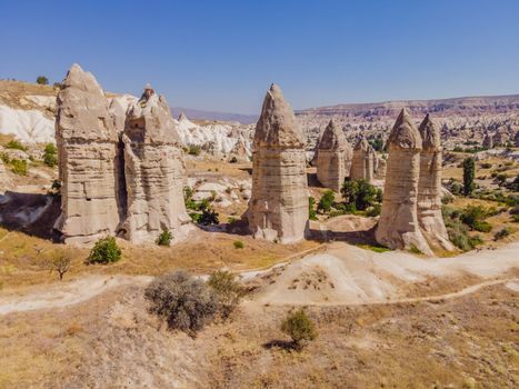 Unique geological formations in Love Valley in Cappadocia, popular travel destination in Turkey.