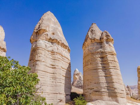 Unique geological formations in Love Valley in Cappadocia, popular travel destination in Turkey.