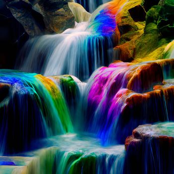 mountain stream with water shimmering with rainbow colors. High quality illustration