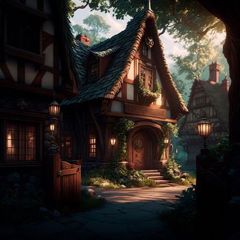 Cozy fairytale town in fantasy style. High quality illustration