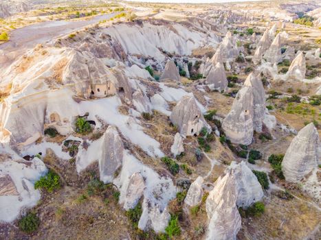 Beautiful stunning view of the mountains of Cappadocia and cave houses. Turkey.