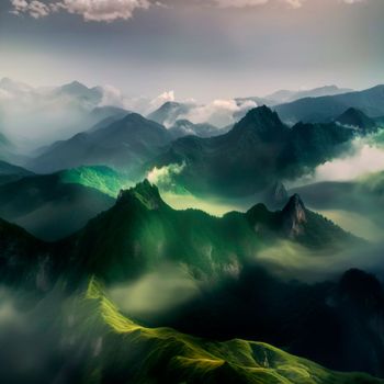 Green mountain range. Landscape of misty mountains. High quality illustration