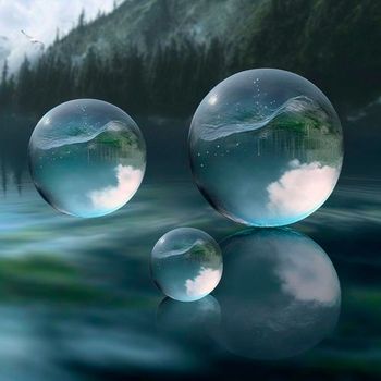 Transparent water spheres against a stunning backdrop of mountains and water. Reflection of the landscape and elements inside the spheres. High quality illustration