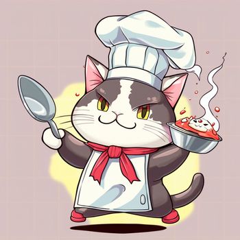 Cartoon image of a cook's cat in a chef's hat, who cooks something in the kitchen, cartoon. High quality illustration