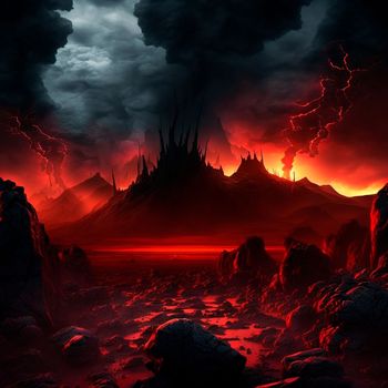 Red mountains, flashes and cracks on the surface. Gloomy sky. Magma and lava spread over the mountains. Lava world collection. High quality illustration