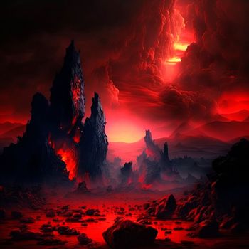 Red mountains, flashes and cracks on the surface. Gloomy sky. Magma and lava spread over the mountains. Lava world collection. High quality illustration