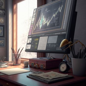 computer and screens with graphs in the office in retro style, graph analysis and world map. High quality illustration