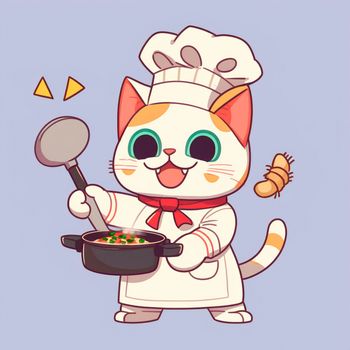 Cartoon image of a cook's cat in a chef's hat, who cooks something in the kitchen, cartoon. High quality illustration