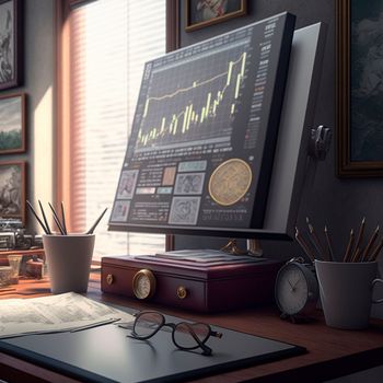 computer and screens with graphs in the office in retro style, graph analysis and world map. High quality illustration
