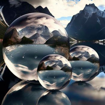 Transparent water spheres against a stunning backdrop of mountains and water. Reflection of the landscape and elements inside the spheres. High quality illustration