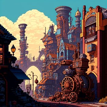 Cartoon image of a steampunk city stylized as pixelart. High quality illustration