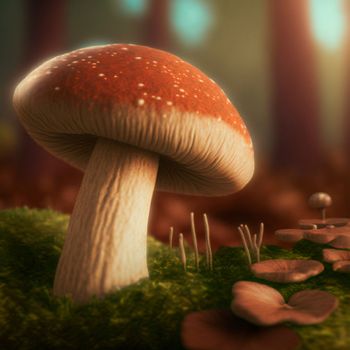 mushrooms in the forest under the sunlight. High quality illustration