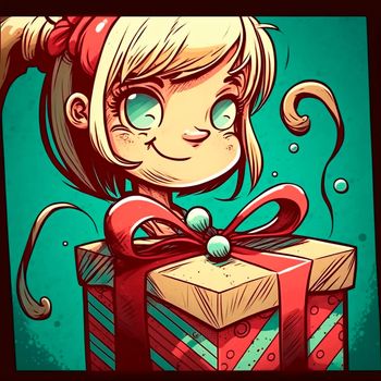 Illustration of a girl who received her Christmas gift. High quality photo