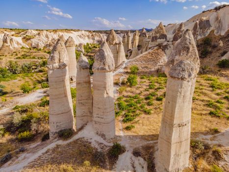 Unique geological formations in Love Valley in Cappadocia, popular travel destination in Turkey.