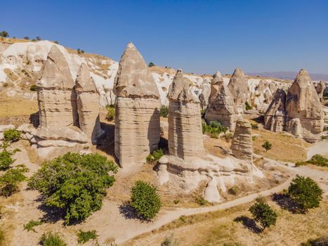 Unique geological formations in Love Valley in Cappadocia, popular travel destination in Turkey.