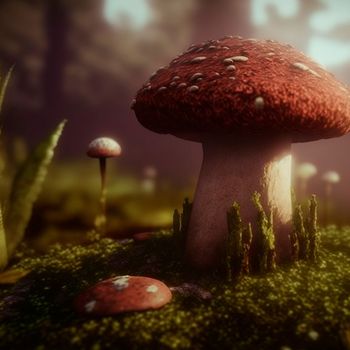 mushrooms in the forest under the sunlight. High quality illustration
