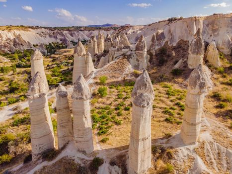 Unique geological formations in Love Valley in Cappadocia, popular travel destination in Turkey.