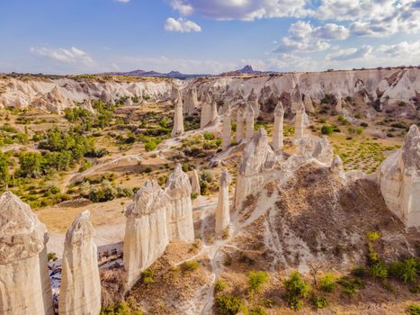 Unique geological formations in Love Valley in Cappadocia, popular travel destination in Turkey.