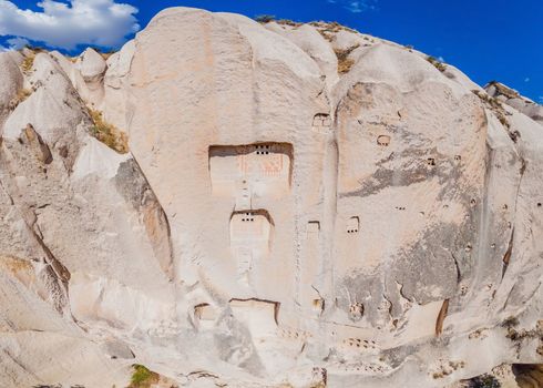 Beautiful stunning view of the mountains of Cappadocia and cave houses. Turkey.