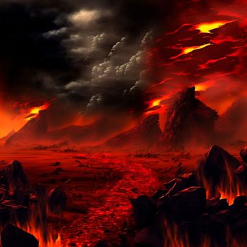 Red mountains, flashes and cracks on the surface. Gloomy sky. Magma and lava spread over the mountains. Lava world collection. High quality illustration
