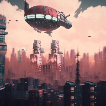 Steampunk airship flies over a modern city. High quality illustration
