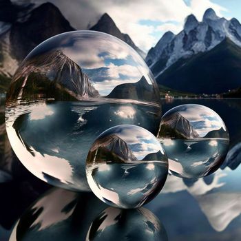 Transparent water spheres against a stunning backdrop of mountains and water. Reflection of the landscape and elements inside the spheres. High quality illustration