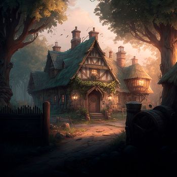 Cozy fairytale town in fantasy style. High quality illustration