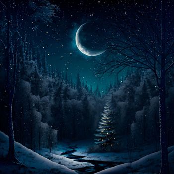 Illustration of a fabulous winter night in the forest. High quality illustration