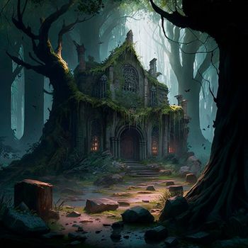mysterious ruins in the forest. High quality illustration