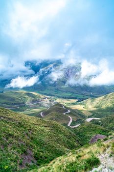 winding mountain roads in the Andes Mountains with a sky overcast with clouds. 