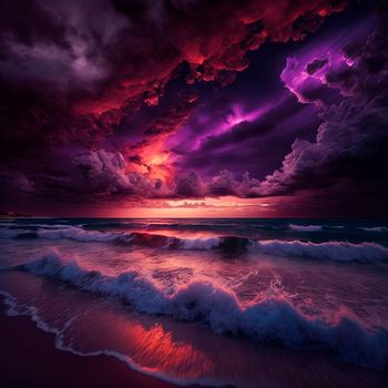 gloomy purple sunset on the beach. High quality illustration