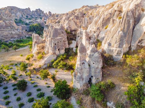 Beautiful stunning view of the mountains of Cappadocia and cave houses. Turkey.