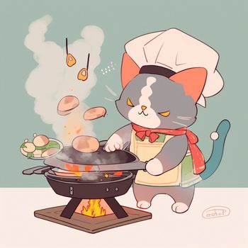 Cartoon image of a cook's cat in a chef's hat, who cooks something in the kitchen, cartoon. High quality illustration