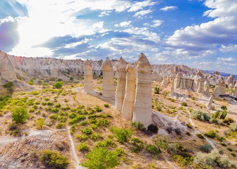 Unique geological formations in Love Valley in Cappadocia, popular travel destination in Turkey.