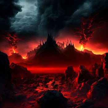 Red mountains, flashes and cracks on the surface. Gloomy sky. Magma and lava spread over the mountains. Lava world collection. High quality illustration