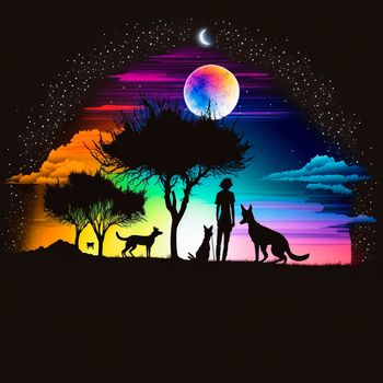 man under the moon with his dogs, drawing 2d. High quality illustration