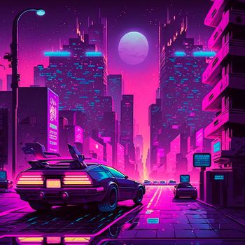 Cartoon image of a cyberpunk street. High quality illustration