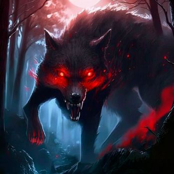 A big monster with red eyes in a mystical forest. High quality illustration