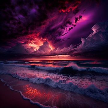 gloomy purple sunset on the beach. High quality illustration