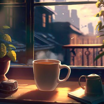 A mug of hot tea in the morning in a cafe. High quality photo