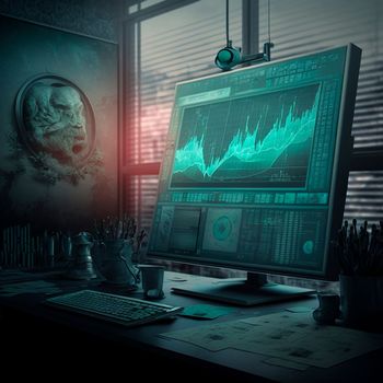 computer and screens with graphs in the office in retro style, graph analysis and world map. High quality illustration
