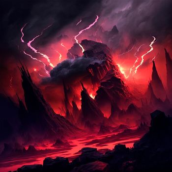 Red mountains, flashes and cracks on the surface. Gloomy sky. Magma and lava spread over the mountains. Lava world collection. High quality illustration