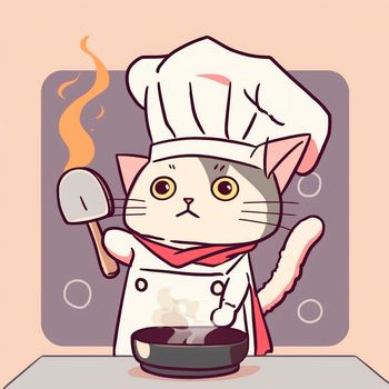 Cartoon image of a cook's cat in a chef's hat, who cooks something in the kitchen, cartoon. High quality illustration